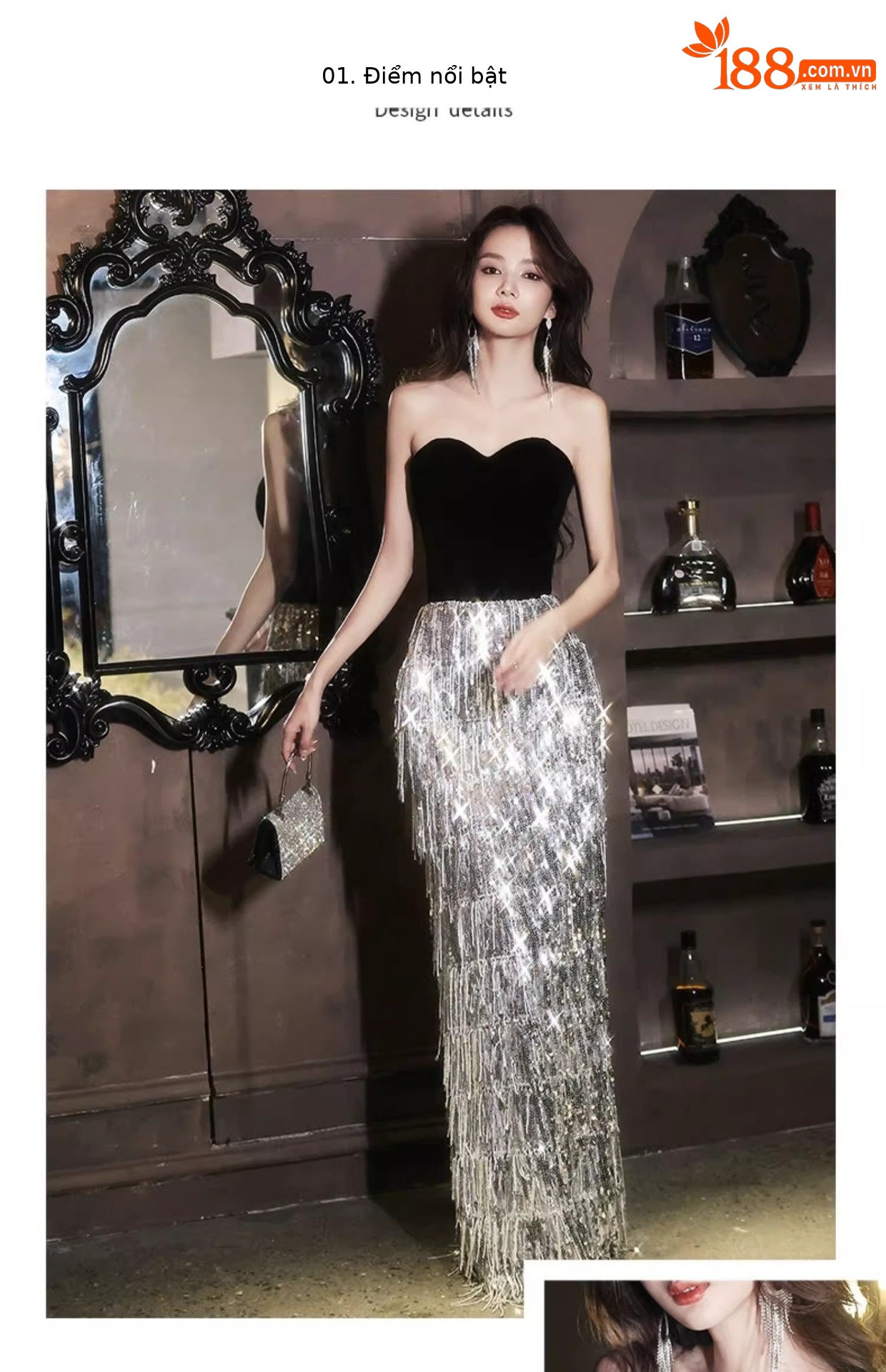 Đầm dạ hội nữ trễ vai đính sequin phong cách Pháp — Màu hình ảnh mẫu dài chi tiết 2