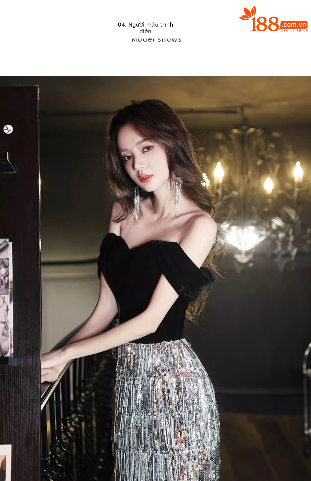Đầm dạ hội nữ trễ vai đính sequin phong cách Pháp — Màu hình ảnh mẫu dài chi tiết 6