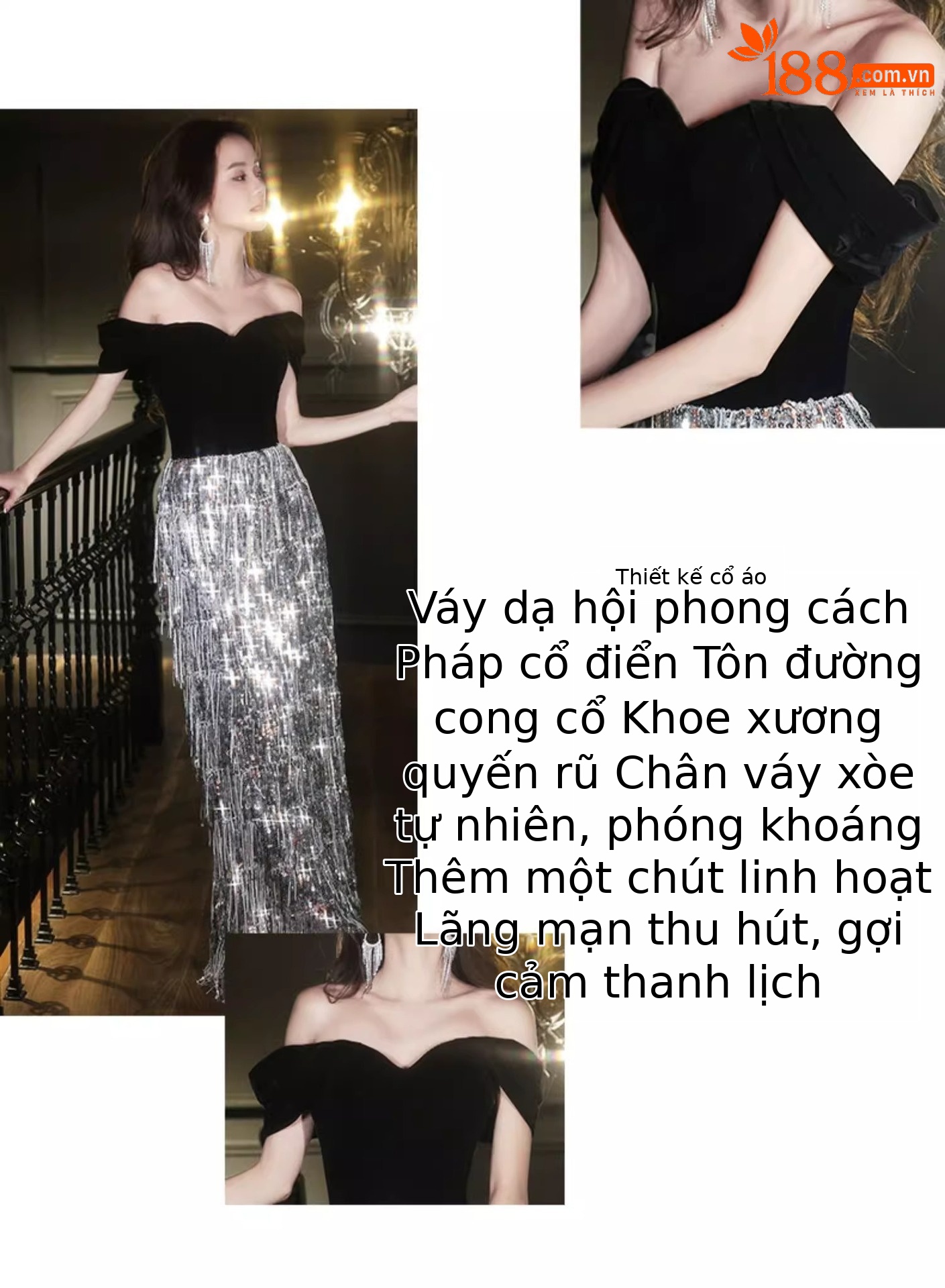 Đầm dạ hội nữ trễ vai đính sequin phong cách Pháp — Màu hình ảnh mẫu dài chi tiết 3