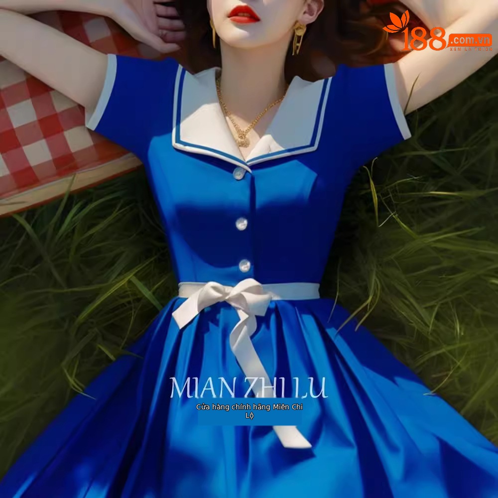 Váy sơ mi dáng suông nữ màu xanh Klein mùa hè phong cách đại học — Váy sơ mi màu xanh [Bộ sưu tập cộng với mua sắm miễn phí thắt lưng]