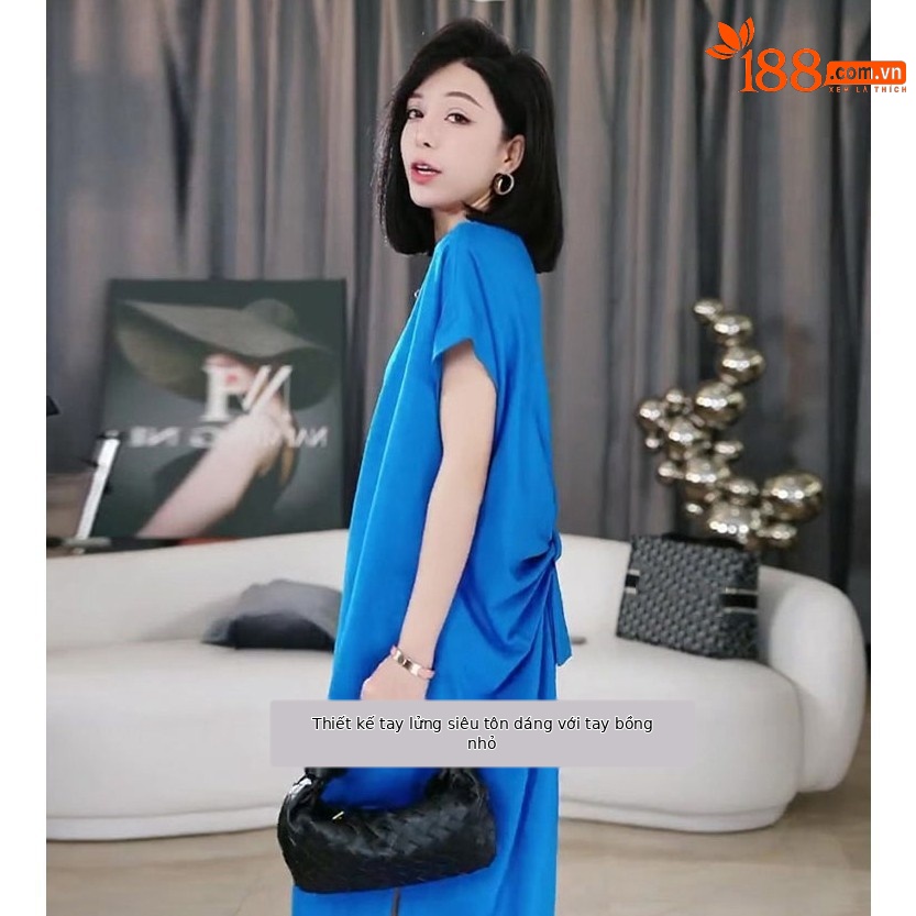 Đầm thun Klein xanh dương phong cách Pháp mùa hè dáng suông — Màu xanh lam