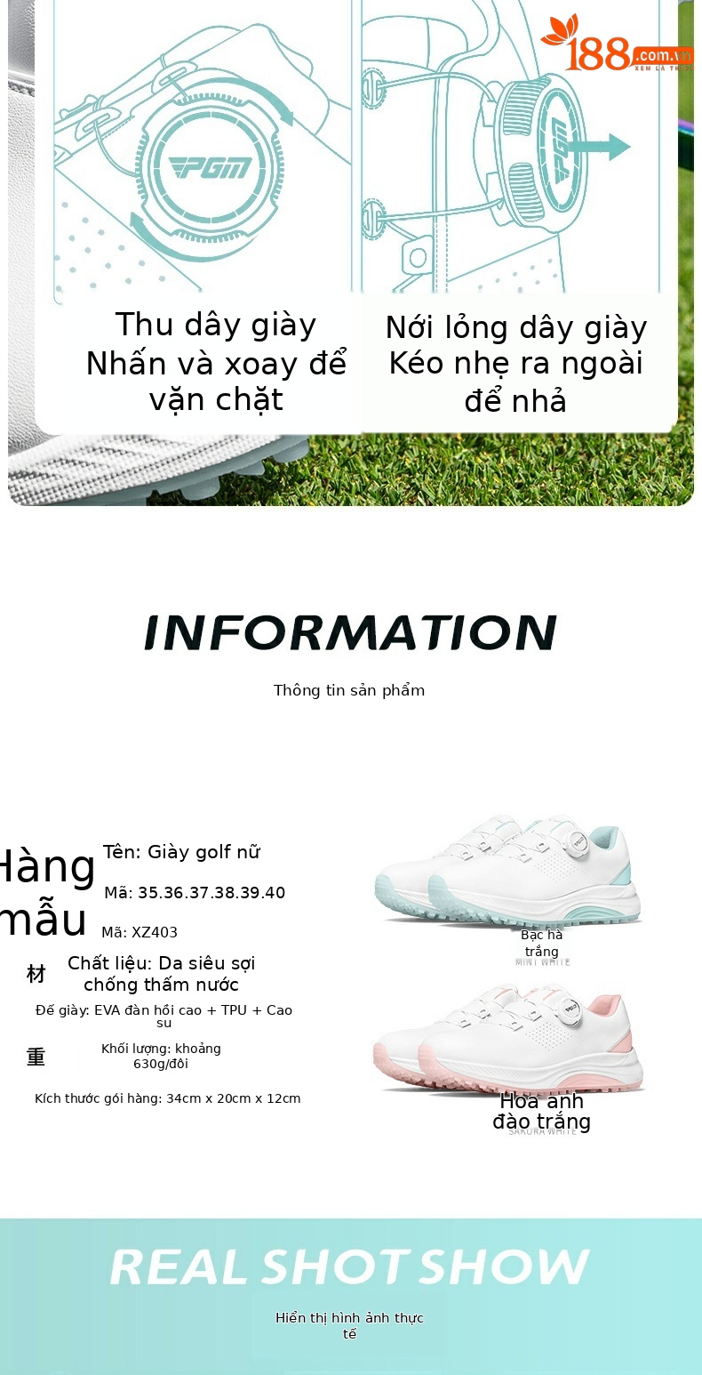 Giày golf nữ PGM chống nước núm vặn dây giày đế EVA cao đàn hồi — XZ403-[Chống thấm nước/tăng đệm/núm vặn dây giày] bạc hà trắng, XZ403-[Chống thấm nước/tăng đệm/núm vặn dây giày] màu trắng anh đào chi tiết 5