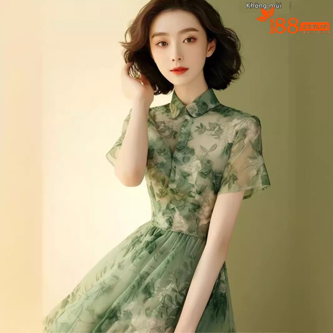 Đầm maxi nữ in hoa xanh dáng suông che bụng kiểu Pháp — váy xanh