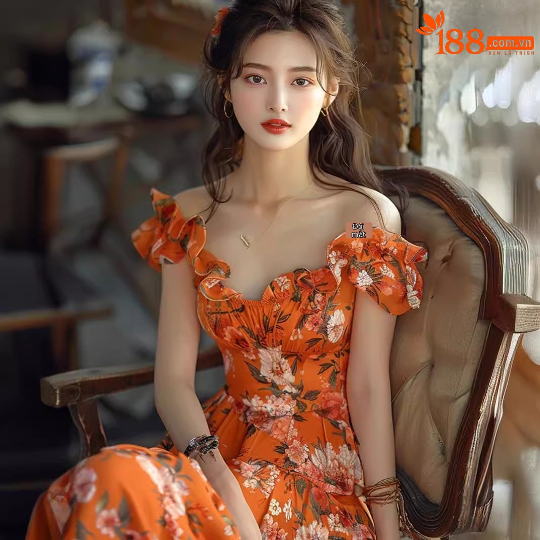 Váy trễ vai hoa nhí màu cam dáng maxi thắt eo phong cách Pháp — Màu cam