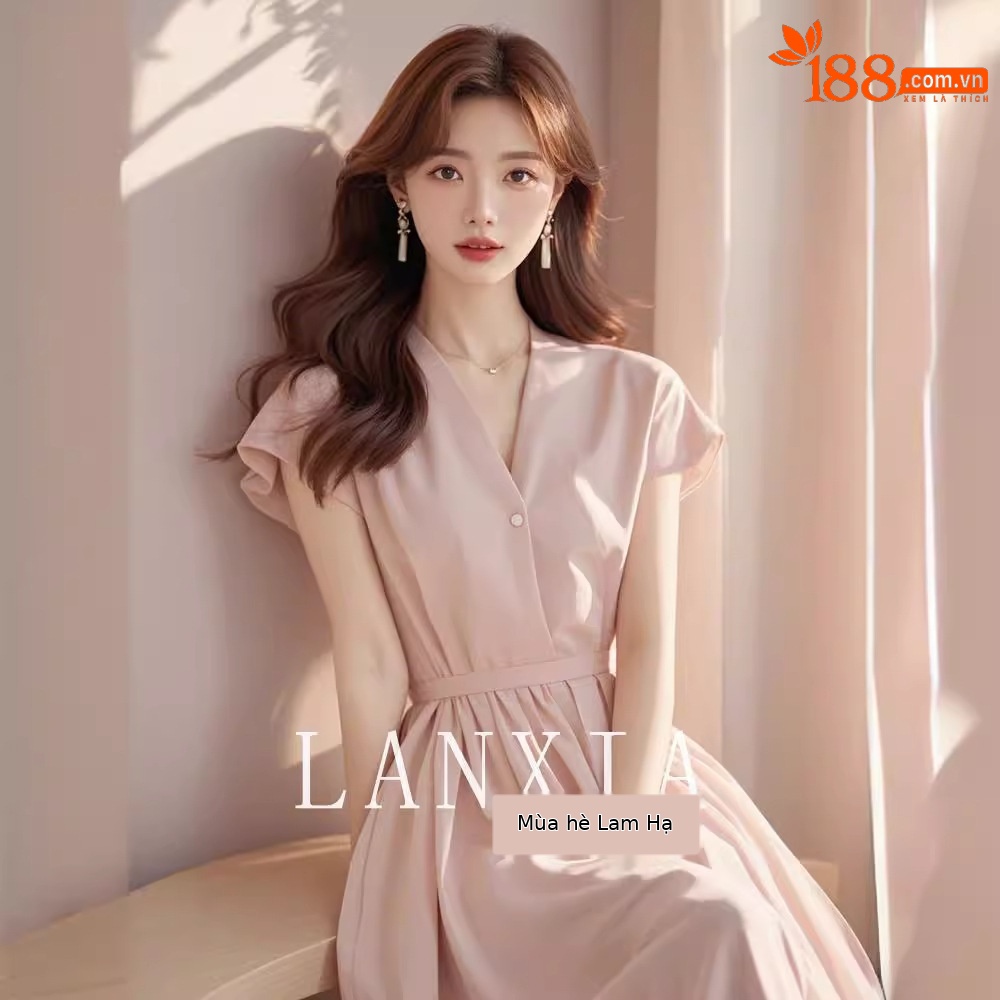 Váy liền chữ A thắt eo dáng dài tôn dáng phong cách Pháp — Màu hồng