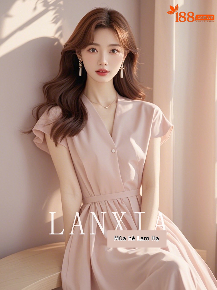 Váy liền chữ A thắt eo dáng dài tôn dáng phong cách Pháp — Màu hồng chi tiết 7
