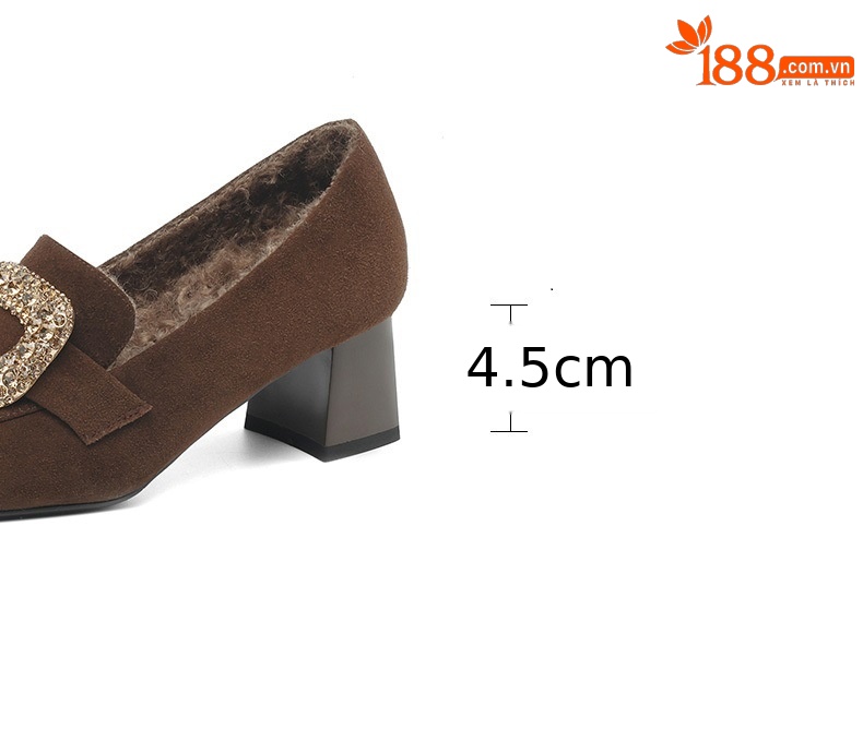 Giày lười nữ cao gót da lộn khóa vuông đính đá, lót nhung ấm áp — Màu nâu [lót nhung] chi tiết 6