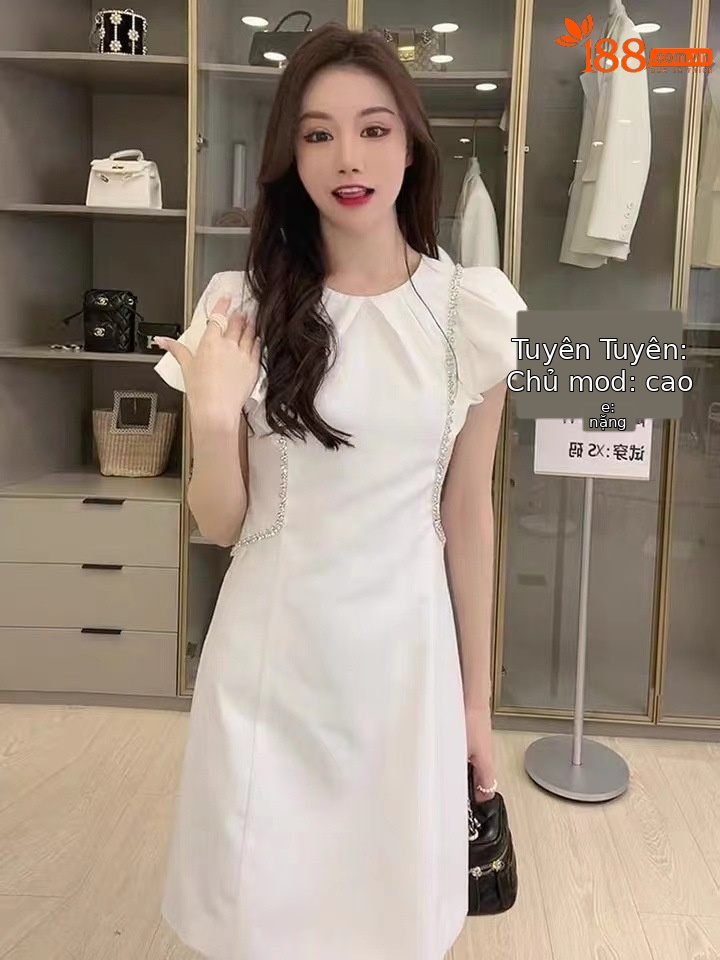 Váy liền trắng thiết kế chiết eo thanh lịch dáng suông midi mùa hè — Màu trắng chi tiết 2