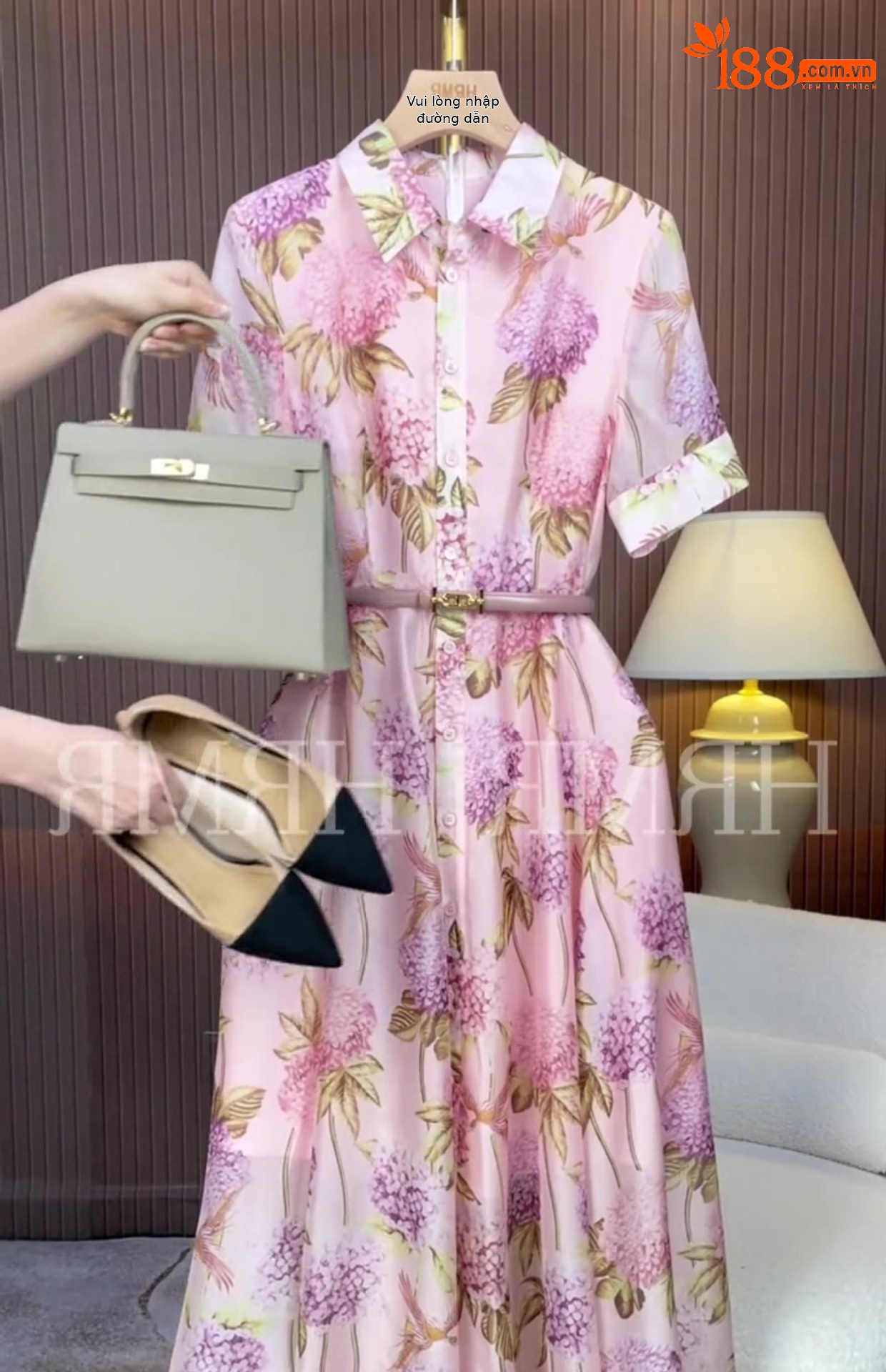Váy hoa nhỏ chiết eo tay ngắn phong cách Hồng Kông cổ điển — Màu hồng chi tiết 2