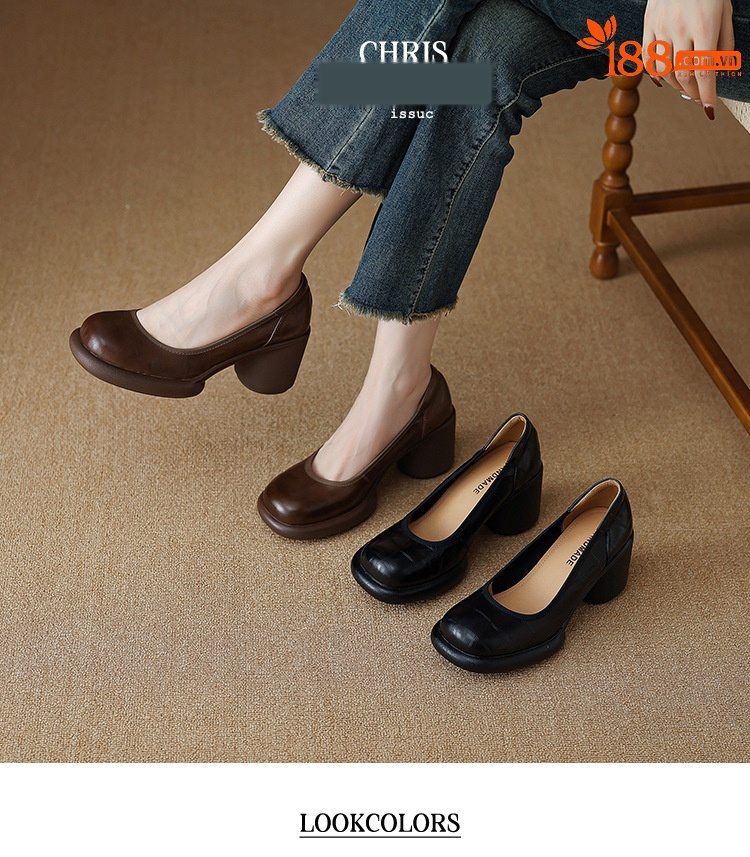 Giày cao gót nữ đế dày platform miệng nông gót vuông 8 cm — nâu chi tiết 1