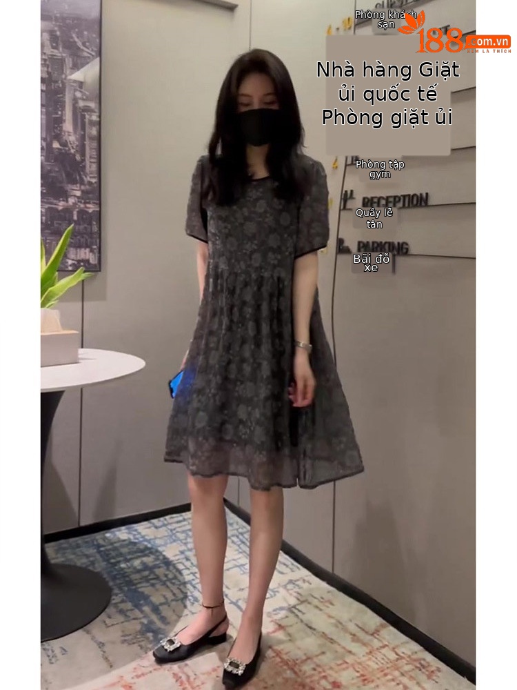 Váy liền A chữ tay ngắn cổ tròn in họa tiết chất liệu Tencel mềm mại — màu xám chi tiết 6