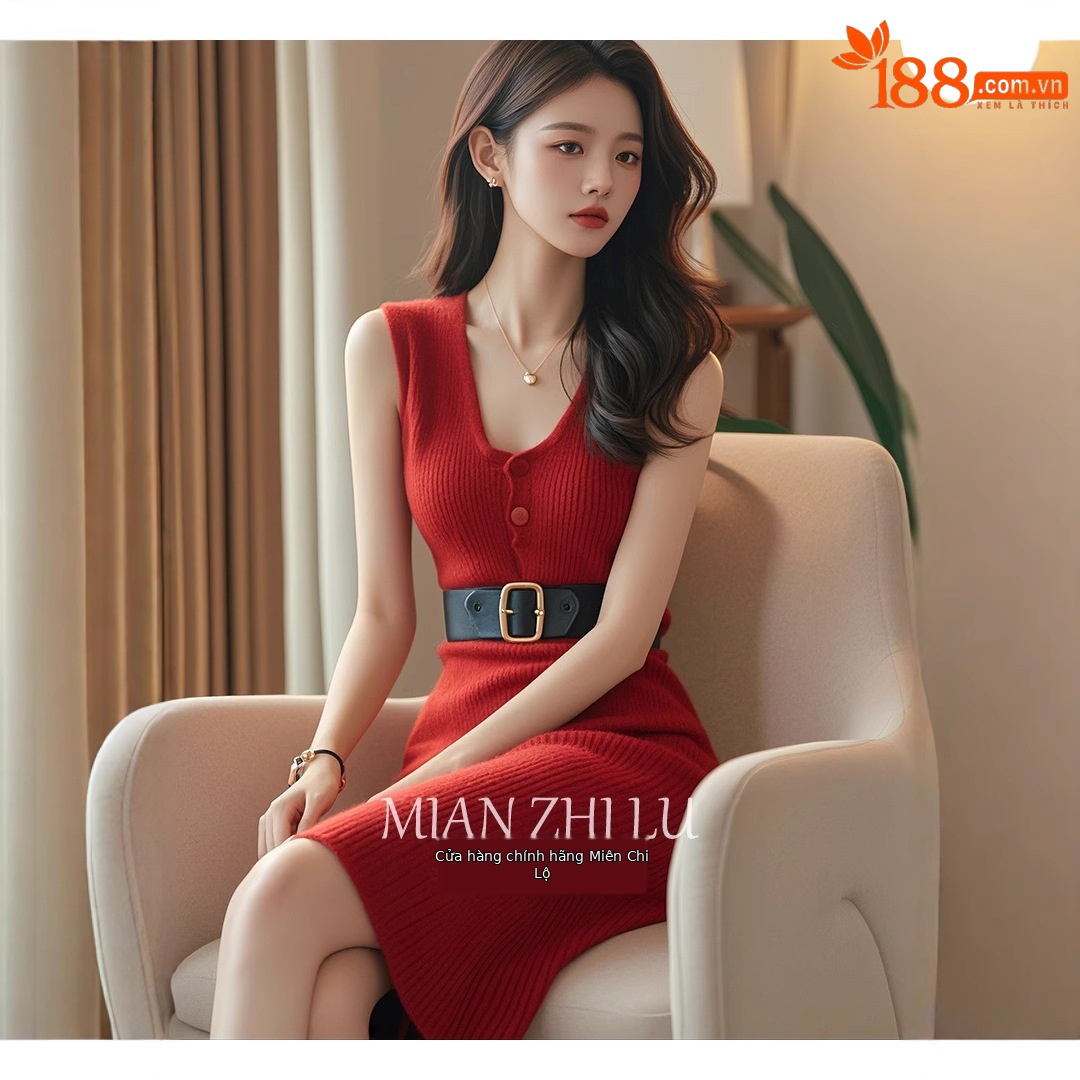 Váy dệt kim không tay màu đỏ FL240841 – ôm eo tôn dáng mùa hè — Màu đỏ