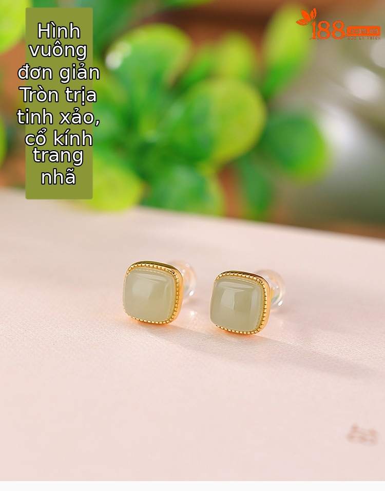 Bông tai bạc S925 mạ vàng đính đá vuông phong cách cổ điển — Một cặp chi tiết 1