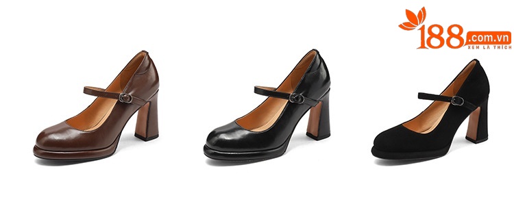 Giày cao gót nữ da bò mũi nhọn gót vuông 8,6 cm quai đơn Mary Jane — Da cừu màu đen chi tiết 3