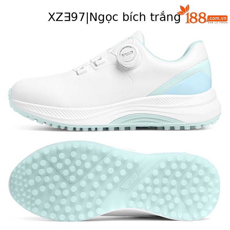 Giày golf PGM nữ chống thấm nước, chống trượt, đế foam nhẹ, có núm vặn dây giày — XZ397 【chống thấm nước/tăng độ đệm/dây giày núm] màu trắng ngọc lục bảo, XZ397 [chống thấm nước/tăng đệm/núm vặn dây giày] màu trắng anh đào