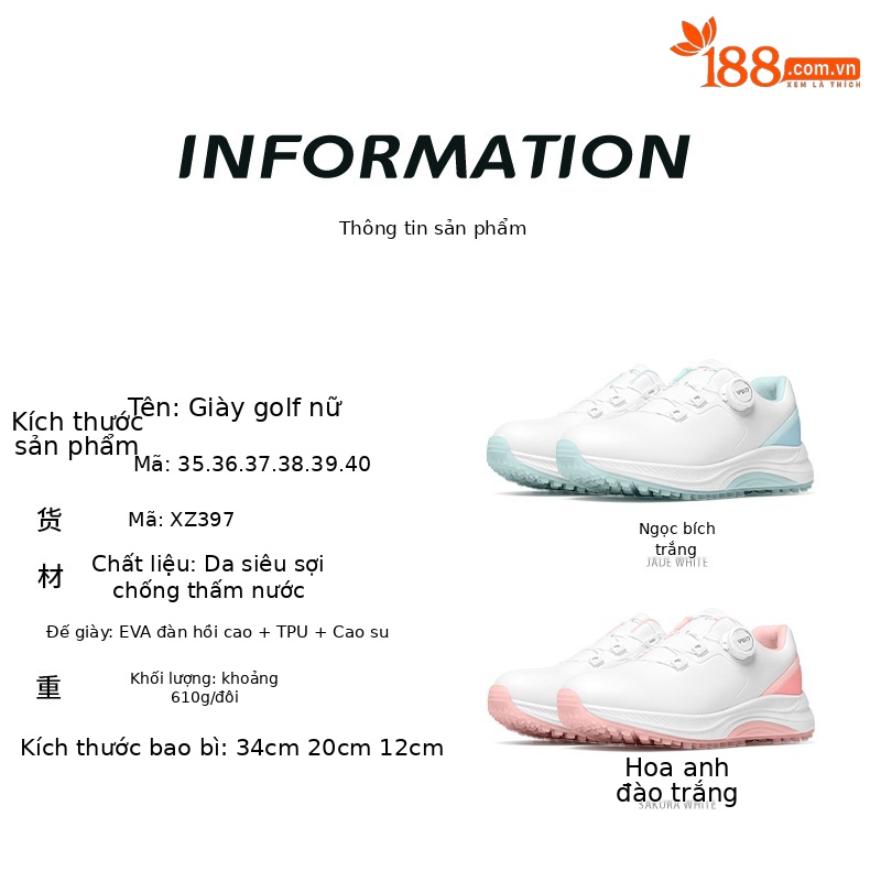 Giày golf PGM nữ chống thấm nước, chống trượt, đế foam nhẹ, có núm vặn dây giày — XZ397 【chống thấm nước/tăng độ đệm/dây giày núm] màu trắng ngọc lục bảo, XZ397 [chống thấm nước/tăng đệm/núm vặn dây giày] màu trắng anh đào chi tiết 9