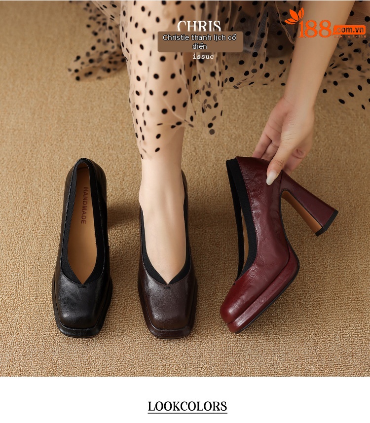 Giày cao gót nữ mũi nhọn chữ V da cừu, gót 9.8 cm, đi làm xuân thu — Màu nâu chi tiết 1