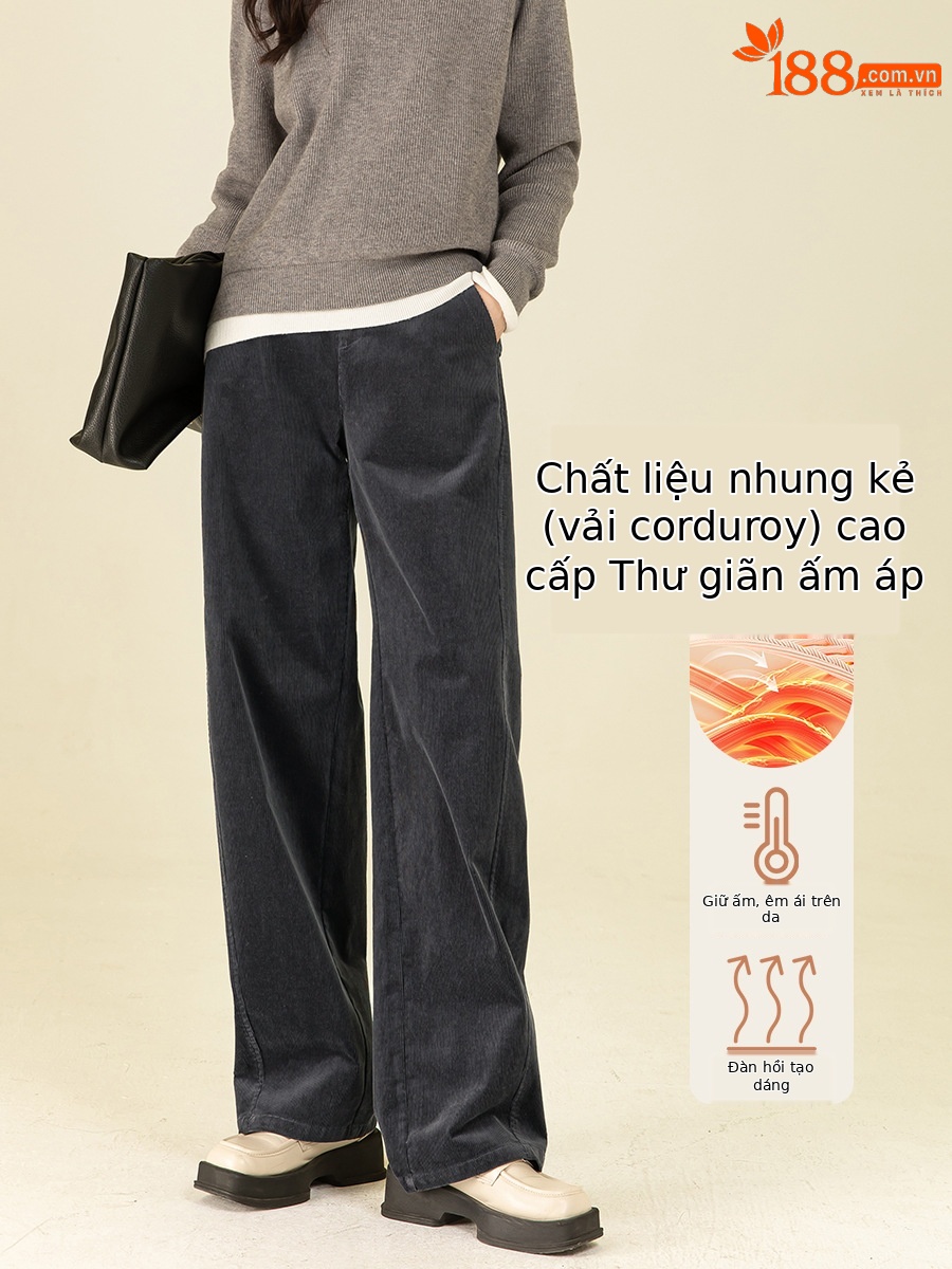 Quần ống rộng nữ cao eo chất liệu nhung tăm dày dáng dài chấm đất — màu xám