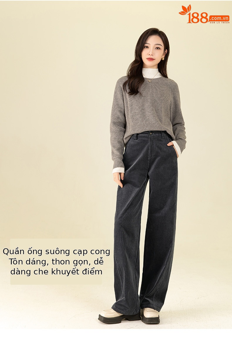 Quần ống rộng nữ cao eo chất liệu nhung tăm dày dáng dài chấm đất — màu xám chi tiết 9