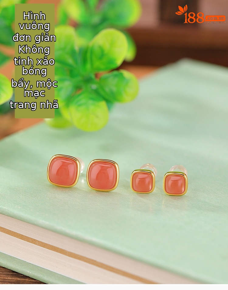 Bông tai bạc S925 mạ vàng hồng hình vuông đính đá kim cương phong cách retro — Kiểu cỡ nhỏ chi tiết 1