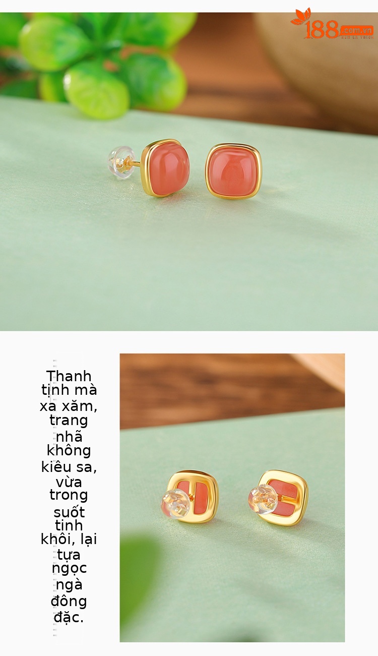 Bông tai bạc S925 mạ vàng hồng hình vuông đính đá kim cương phong cách retro — Kiểu cỡ nhỏ chi tiết 3