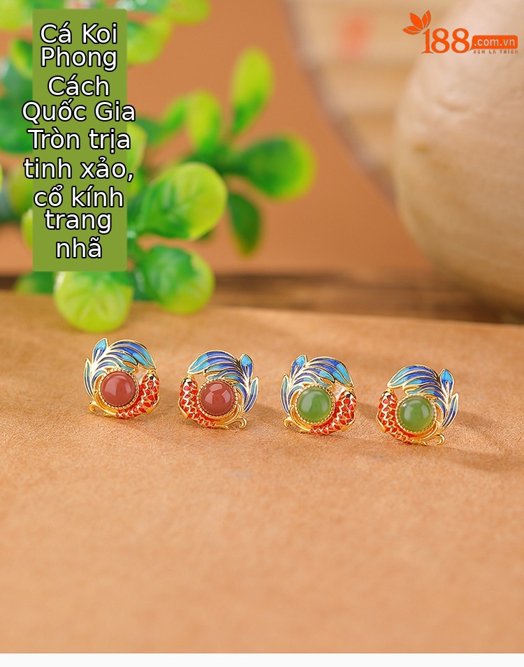 Khuyên tai nữ bạc S925 mạ vàng đính đá ngọc bích hình cá chép men retro — Mẫu đỏ nam chi tiết 1