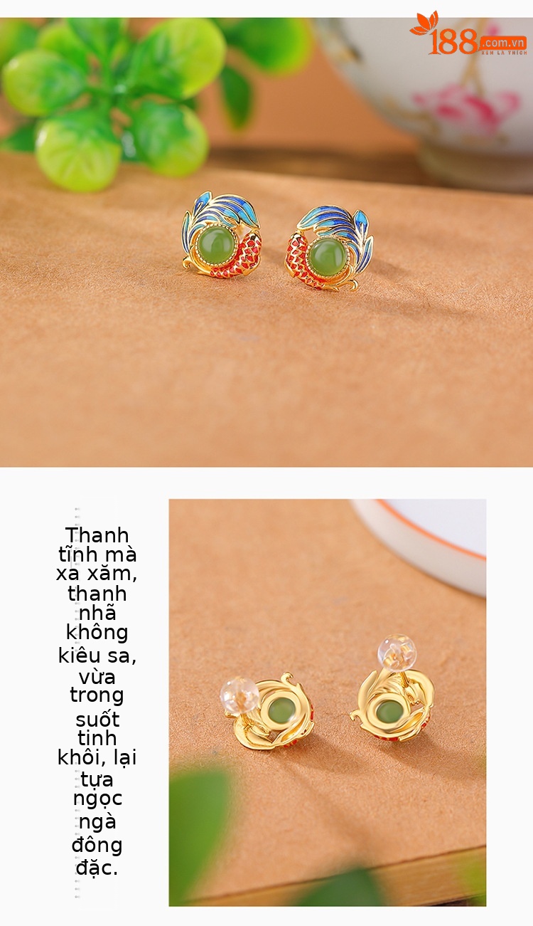 Khuyên tai nữ bạc S925 mạ vàng đính đá ngọc bích hình cá chép men retro — Mẫu đỏ nam chi tiết 3