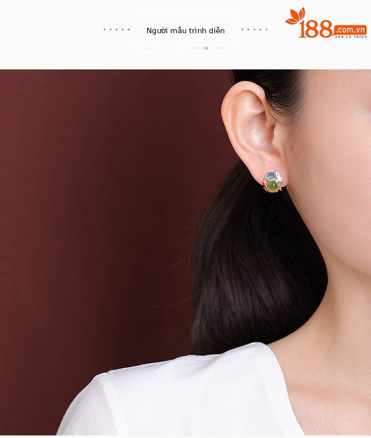 Khuyên tai nữ bạc S925 mạ vàng đính đá ngọc bích hình cá chép men retro — Mẫu đỏ nam chi tiết 5