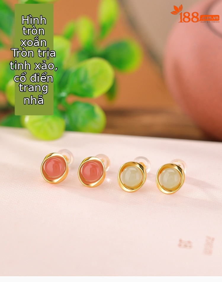 Bông tai bạc S925 mạ vàng hạt tròn hình học phong cách retro — Phong cách ngọc nước trong suốt chi tiết 1