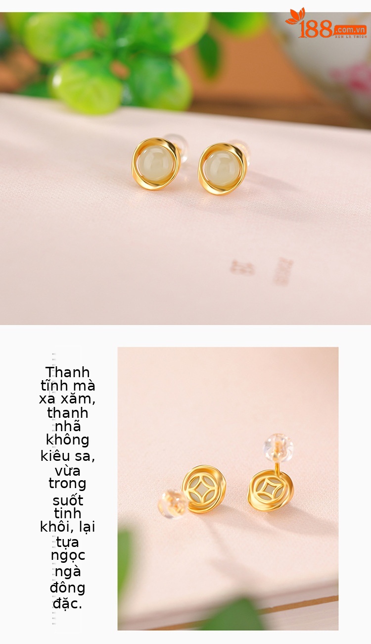 Bông tai bạc S925 mạ vàng hạt tròn hình học phong cách retro — Phong cách ngọc nước trong suốt chi tiết 3