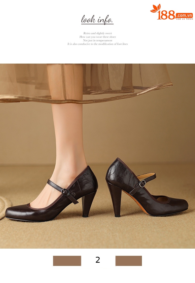 Giày cao gót nữ da cừu miệng nông gót dày Mary Jane 9 cm — Màu đen [9 cm] chi tiết 3