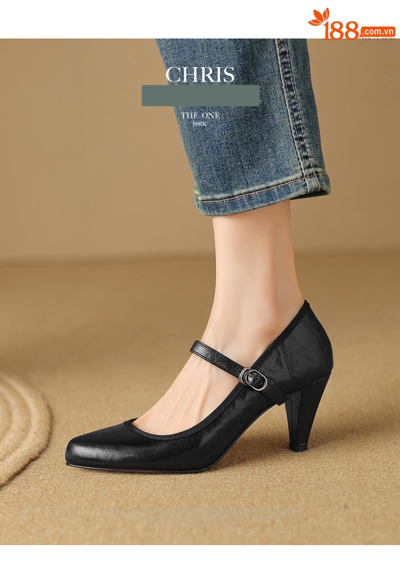 Giày cao gót nữ da cừu miệng nông gót dày Mary Jane 9 cm — Màu đen [9 cm] chi tiết 11