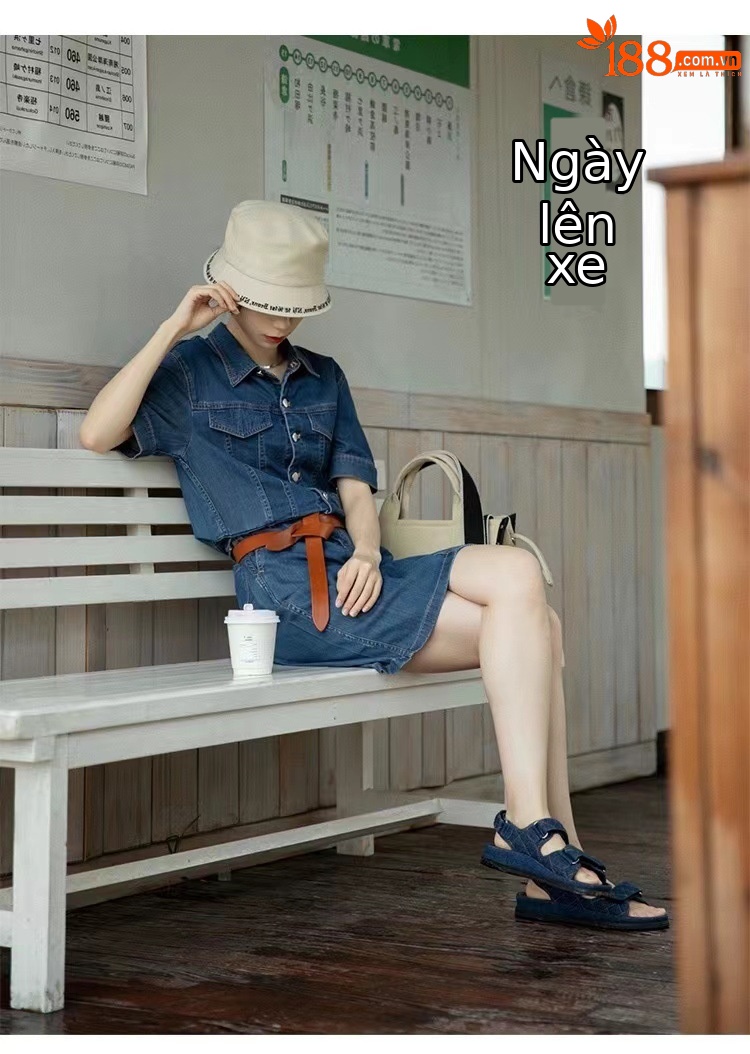 Váy denim nữ thiết kế cổ điển kiểu Pháp, dáng suông midi, tay ngắn — Màu xanh lam chi tiết 7