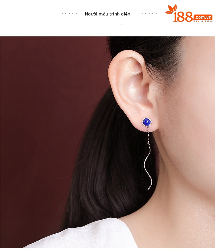 Khuyên tai bạc S925 dáng dài đính đá lapis lazuli đỏ phong cách retro — Mẫu đỏ nam chi tiết 6