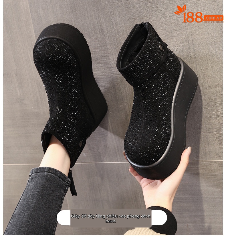 Giày boot nữ cổ cao lót nhung giữ ấm, đế dày độn cao chống trượt — Màu đen chi tiết 1