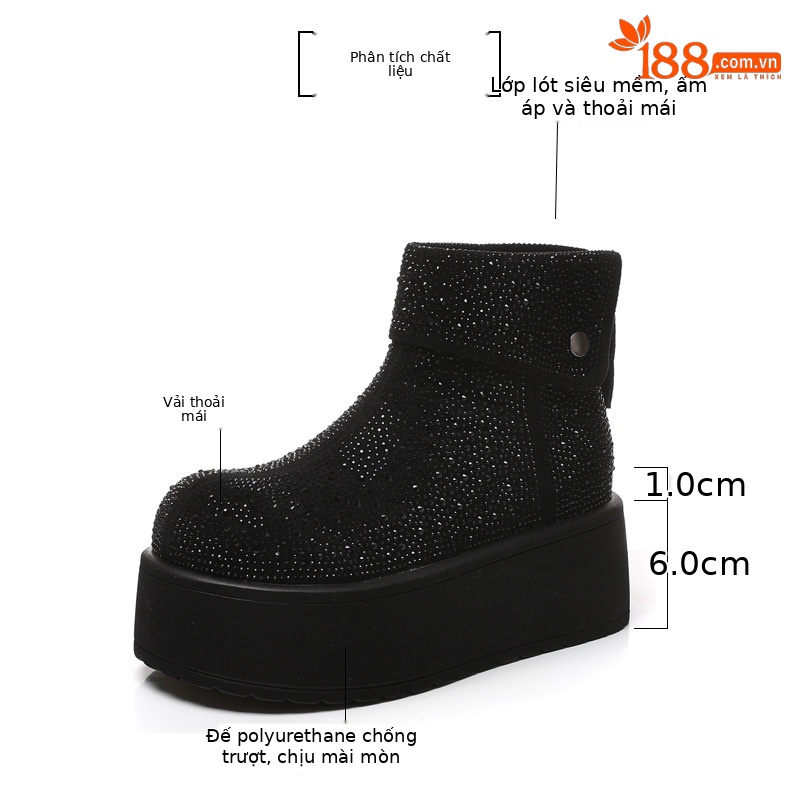 Giày boot nữ cổ cao lót nhung giữ ấm, đế dày độn cao chống trượt — Màu đen chi tiết 3