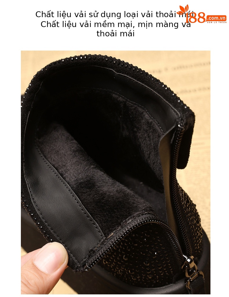 Giày boot nữ cổ cao lót nhung giữ ấm, đế dày độn cao chống trượt — Màu đen chi tiết 7