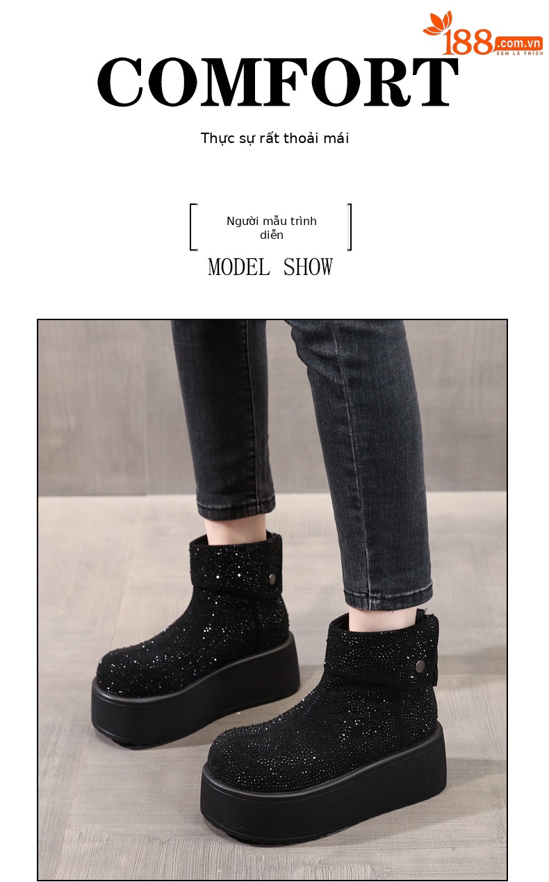 Giày boot nữ cổ cao lót nhung giữ ấm, đế dày độn cao chống trượt — Màu đen chi tiết 9