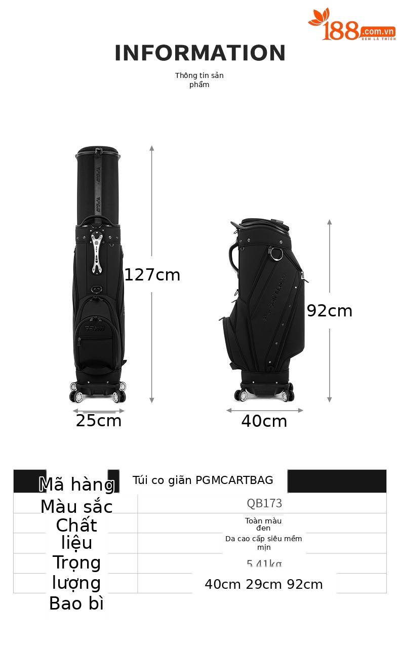 Túi đựng gậy golf PGM vỏ cứng có thể thu gọn, cao 127 cm, chứa 13 gậy — QB173-Tất cả màu đen chi tiết 8