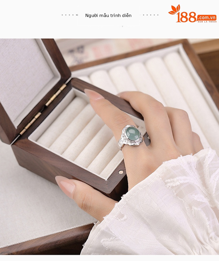 Nhẫn bạc S999 mặt trứng khắc hoa sen phong cách cổ điển — Một chiếc chi tiết 4
