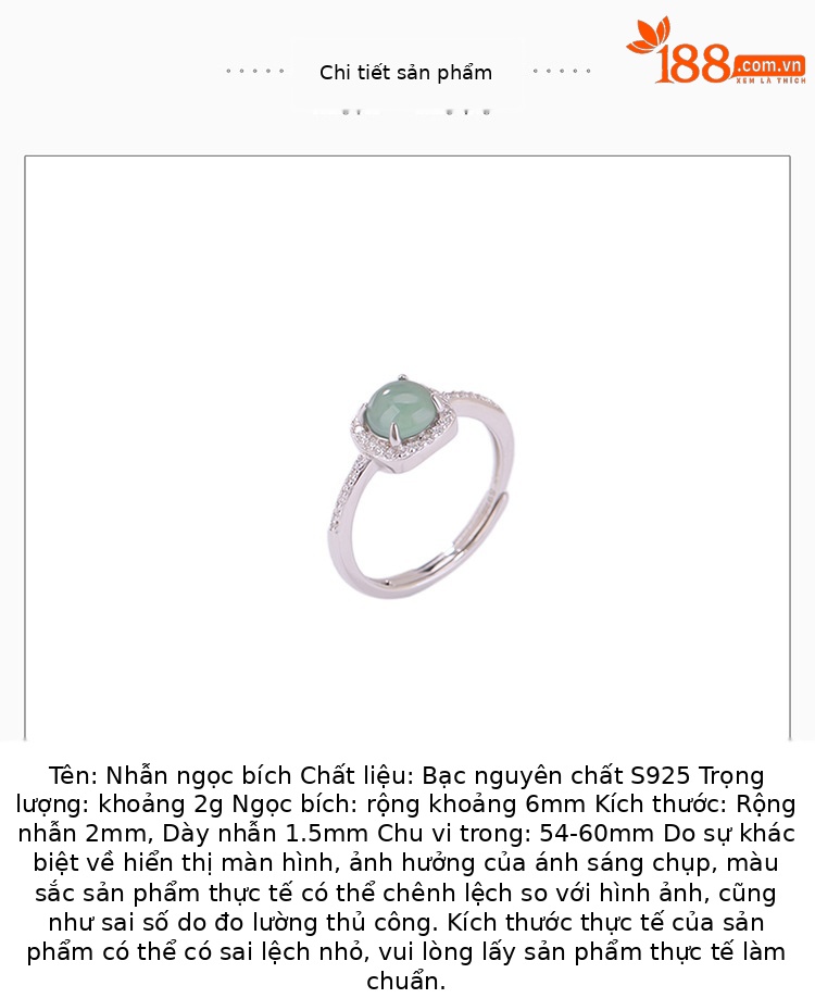 Nhẫn bạc S925 đính đá ngọc bích xanh dương phong cách đơn giản, mở có thể điều chỉnh — Bạc 925 chi tiết 2