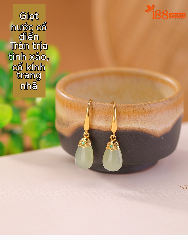 Khuyên tai nữ dài hình giọt nước bạc S925 mạ vàng đính ngọc bích — Một cặp chi tiết 2