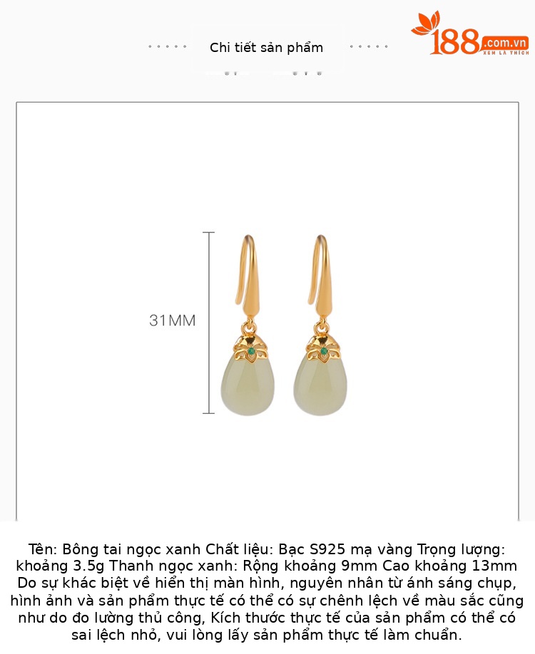 Khuyên tai nữ dài hình giọt nước bạc S925 mạ vàng đính ngọc bích — Một cặp chi tiết 3