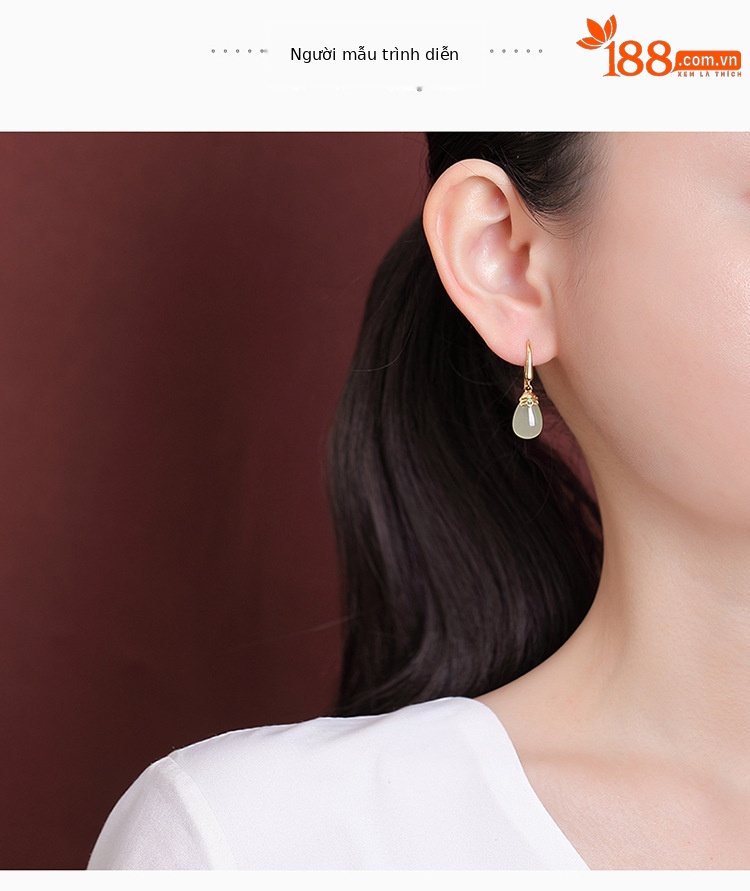 Khuyên tai nữ dài hình giọt nước bạc S925 mạ vàng đính ngọc bích — Một cặp chi tiết 5