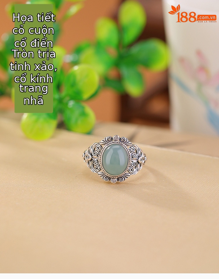 Nhẫn bạc S925 đính đá ngọc lam xanh phong cách cổ điển họa tiết cỏ đường — Bạc 925 chi tiết 1