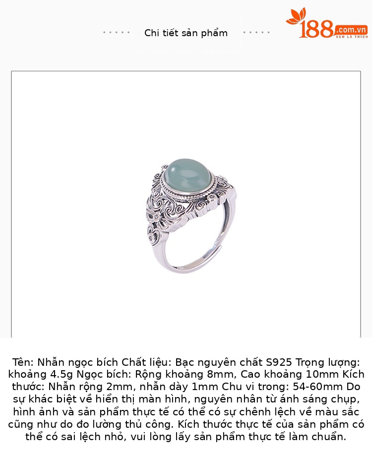 Nhẫn bạc S925 đính đá ngọc lam xanh phong cách cổ điển họa tiết cỏ đường — Bạc 925 chi tiết 2