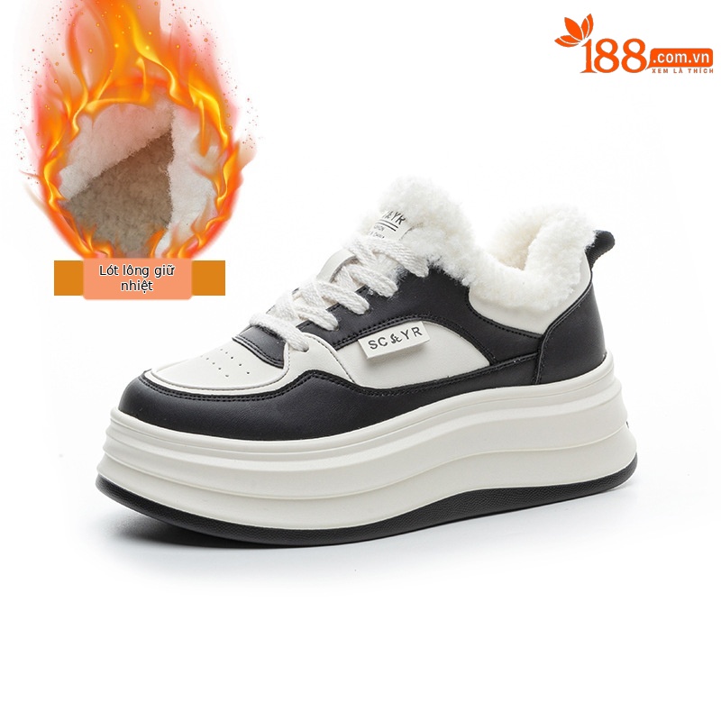 Giày sneaker nữ chunky đế dày mũi tròn lót lông cừu ấm áp mùa thu đông — M2688-1 màu đen lót nhung, M2688-1 trắng be lót nhung