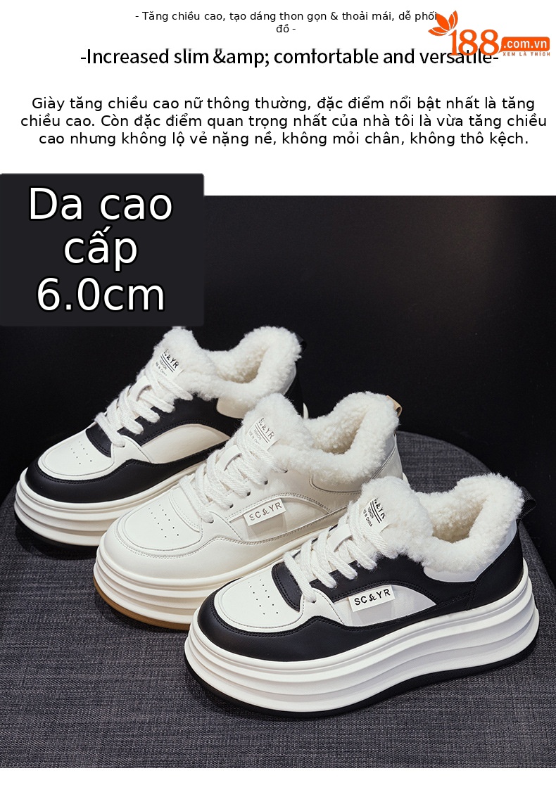 Giày sneaker nữ chunky đế dày mũi tròn lót lông cừu ấm áp mùa thu đông — M2688-1 màu đen lót nhung, M2688-1 trắng be lót nhung chi tiết 1