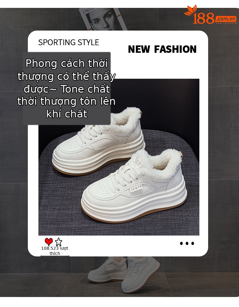 Giày sneaker nữ chunky đế dày mũi tròn lót lông cừu ấm áp mùa thu đông — M2688-1 màu đen lót nhung, M2688-1 trắng be lót nhung chi tiết 2