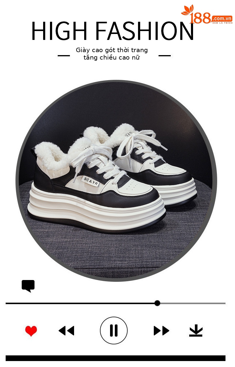 Giày sneaker nữ chunky đế dày mũi tròn lót lông cừu ấm áp mùa thu đông — M2688-1 màu đen lót nhung, M2688-1 trắng be lót nhung chi tiết 4